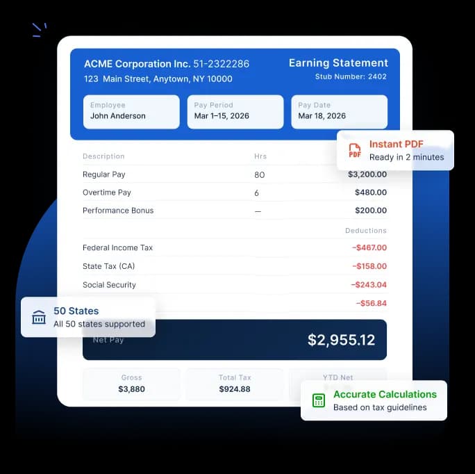 Sample earning statement showing pay, deductions, and net pay