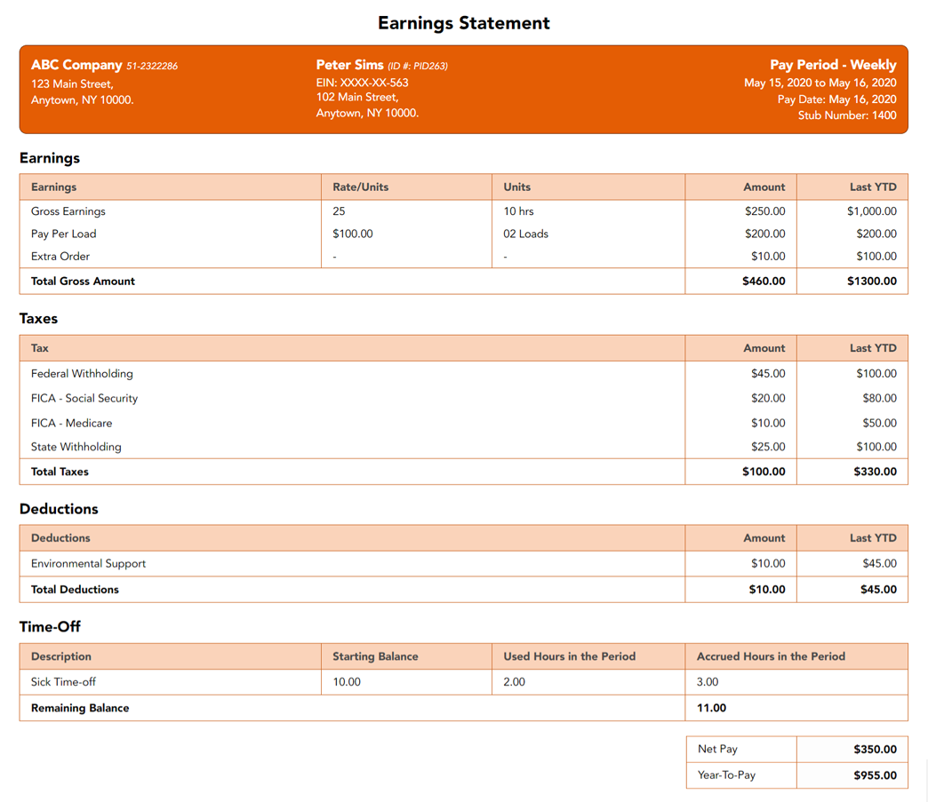 Free Tangerine paystub template